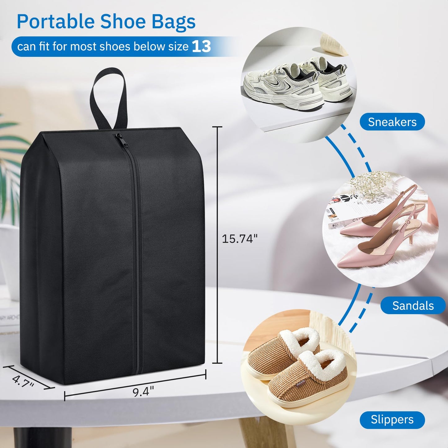 MISSLO Portable Nylon Travel Shoe Bags with Zipper Closure (Pack 4, Black)