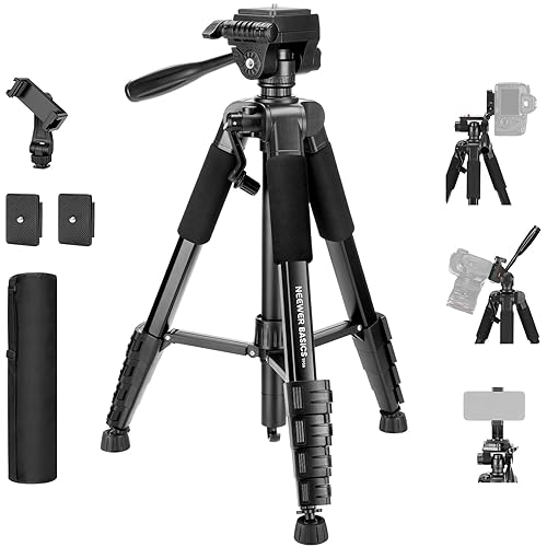 NEEWER Basics Camera Tripod, 74" Tripod with Cell Phone Holder Mount Compatible with iPhone for Video Recording, Professional Aluminum Lightweight