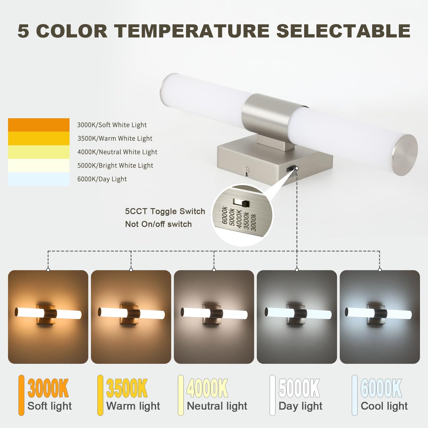 7Degobii Brushed Nickel Vanity Light for Bathroom Lights Fixtures Over Mirror 5CCT Dimmable Vanity Light Bar 15.74-Inch 12W Bathroom Lighting Fixtures