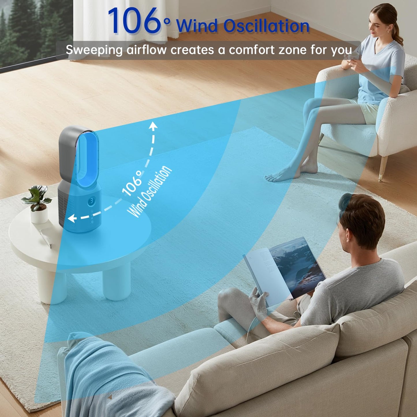 Bladeless Desk Fan, 13 Inch Quiet Oscillating with 106° Rotation, Battery Operated Portable Table Fan, 3 Speeds & Night Light, LED Display, Button