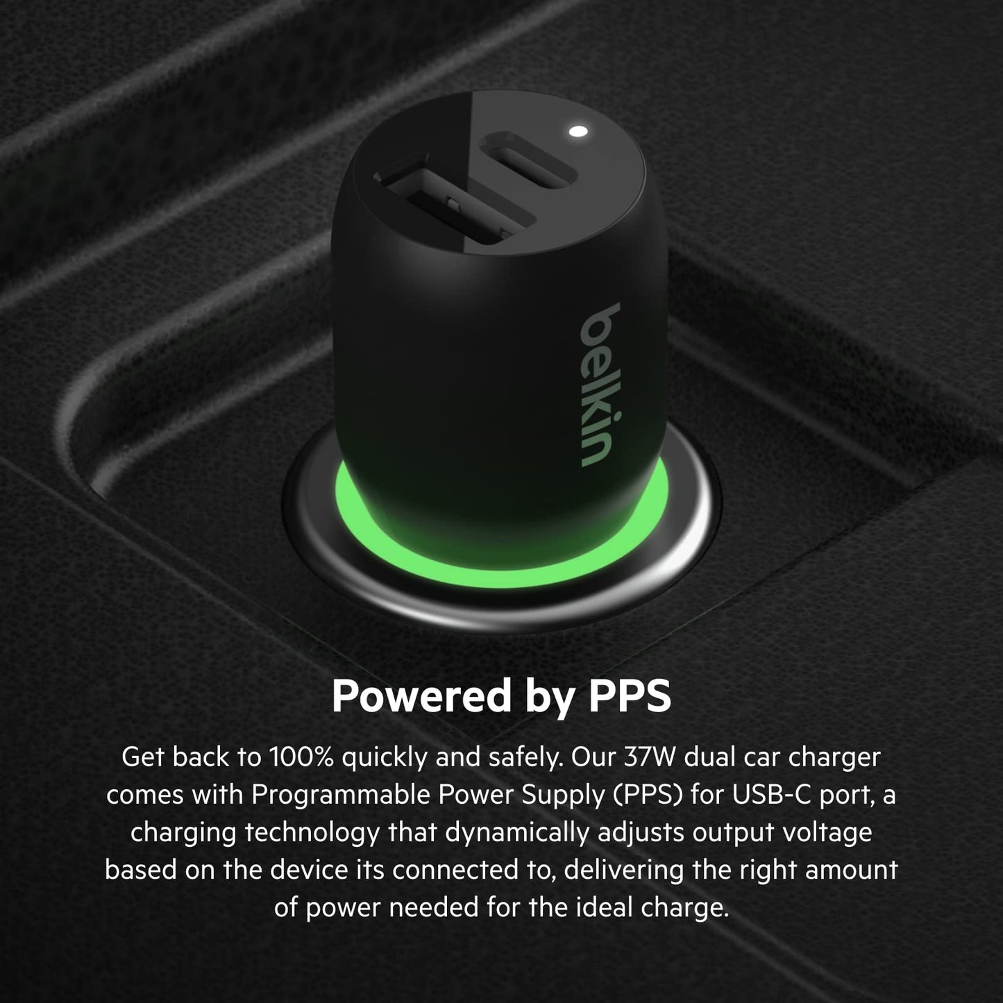 Belkin 37W Dual Port Fast Car Charger with 3.3ft USB-C Cable Included, USB-C 25W PPS Port and USB-A 12W Port for Galaxy S23, S23+, Ultra, Note20