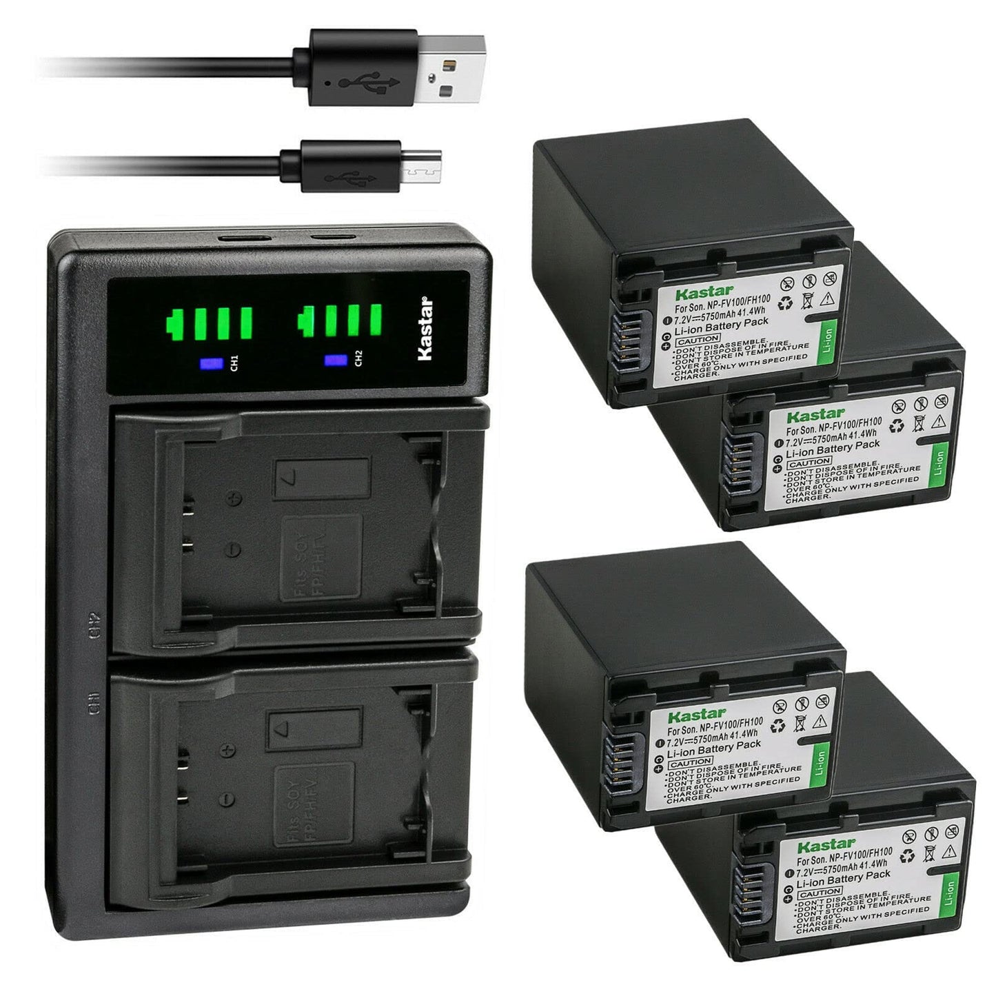 Kastar 4-Pack Battery NP-FV100 and LTD2 USB Charger Compatible with Sony NP-FV30 NP-FV40 NP-FV50 NP-FV70 NP-FV70A NP-FV90 NP-FV100 Battery, Sony