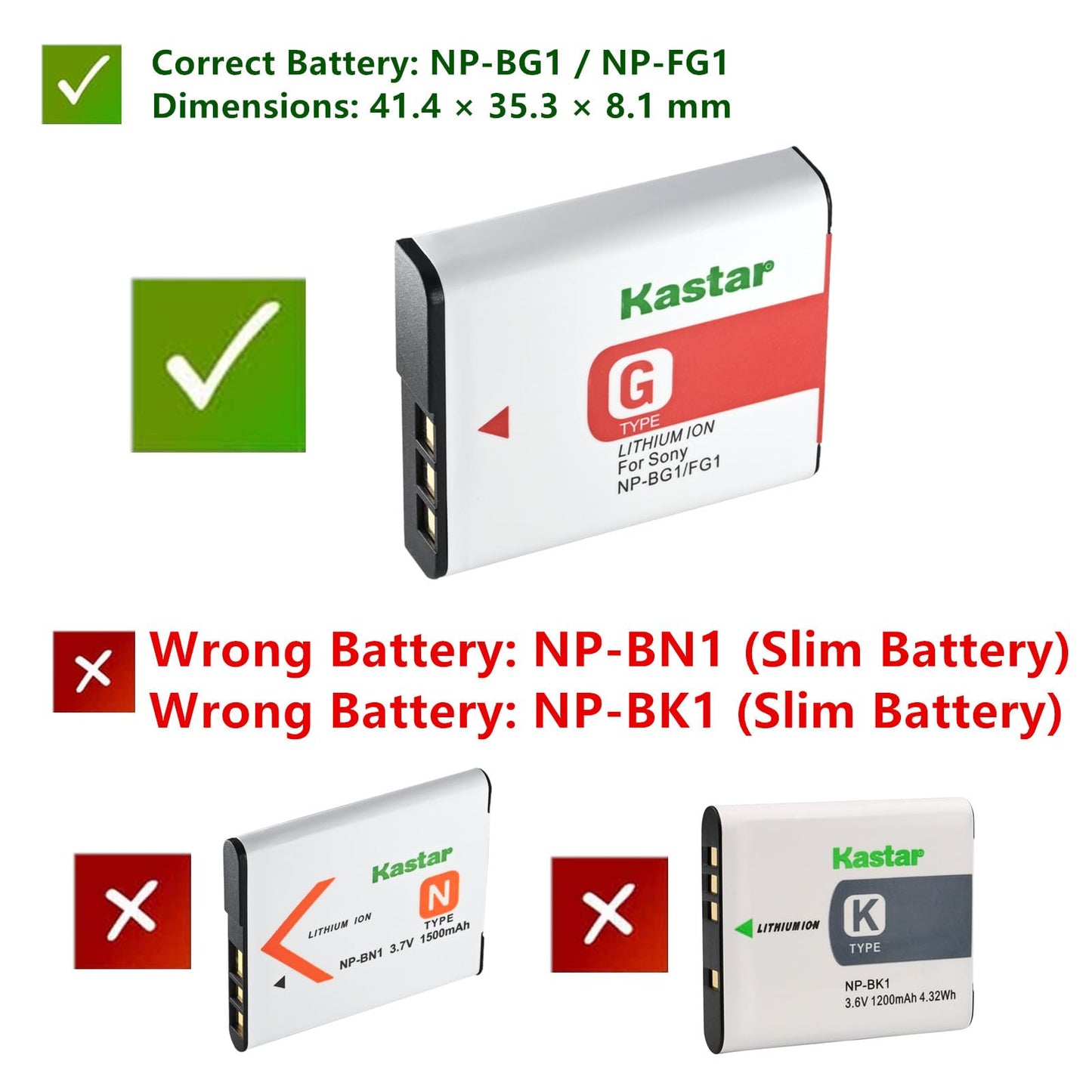 Kastar NP-BG1 / NP-FG1 Battery (2-Pack) + Slim USB Charger Compatible with Sony Cyber-Shot Cameras - Check Battery Model Before Purchase