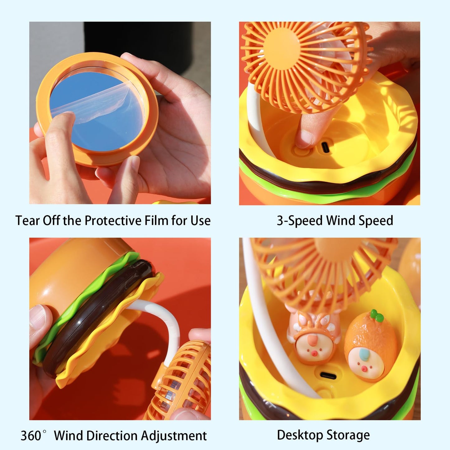 ROROUP Rechargeable Hamburger Desk Fan With Mirror 3 Inch Small Mini Cute Desk Fan Powerful 3 Speeds 360° Rotate USB Personal Portable Desktop Table