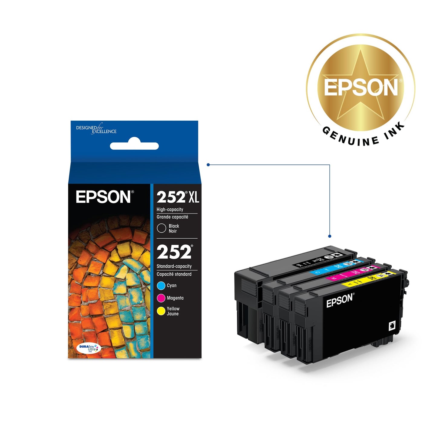 EPSON 252 DURABrite Ultra Ink High Capacity Black & Standard Color Cartridge Combo Pack (T252XL-BCS) Works with WorkForce WF-3620, 3640, 7110, 7610