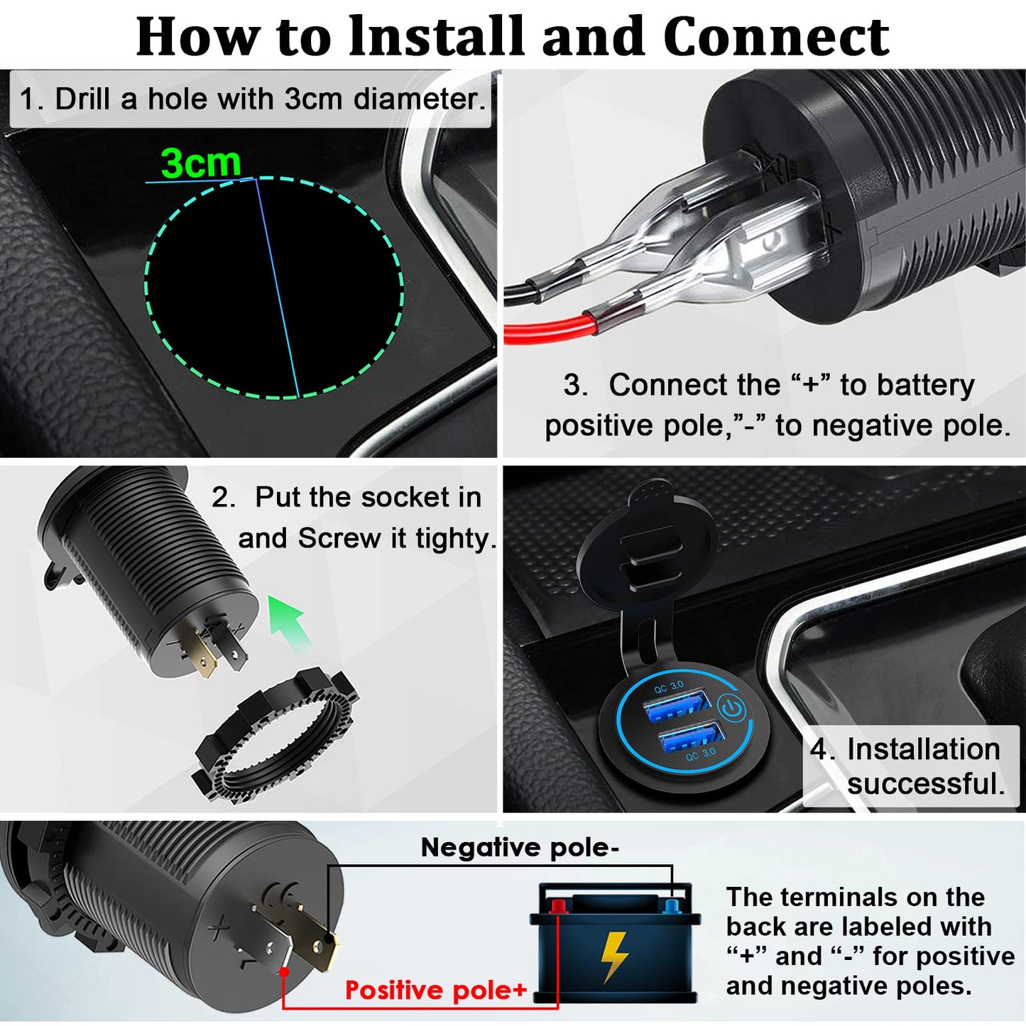 QC3.0 Dual USB 12V Outlet with Touch Switch: 12 Volt Marine Socket Golf Cart USB Port DC Car Charger Waterproof Power Adapter Cigarette Lighter Mount