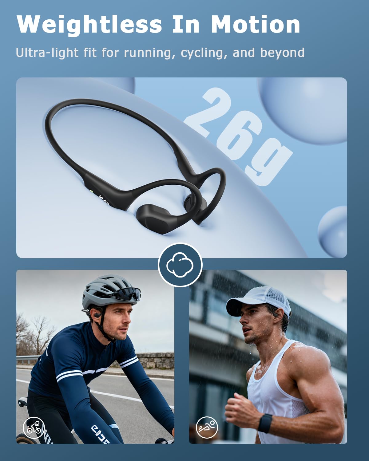VLOP Bone Conduction Headphones for Swimming - Open-Ear Wireless Sport Earbuds with Hybrid Bone & Air Conduction, Built-in MP3 Storage, IPX8