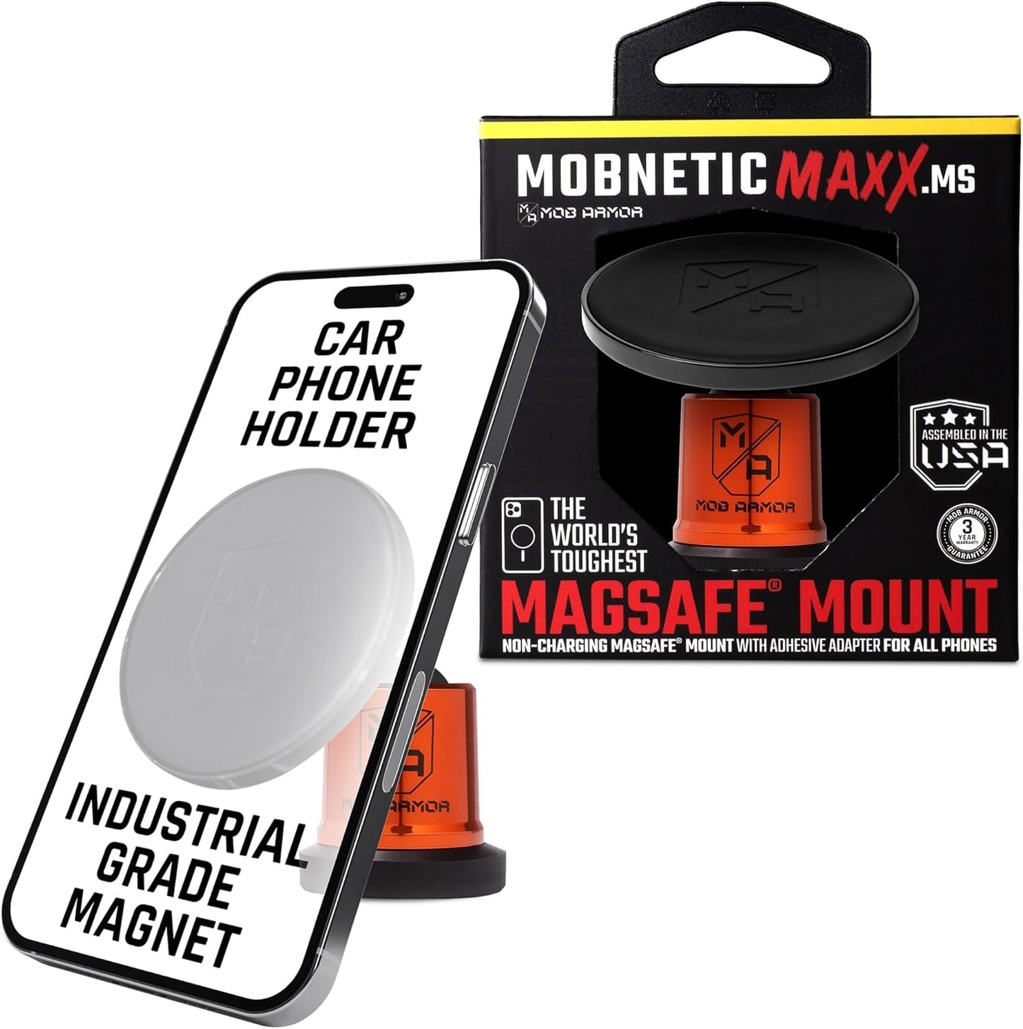 Mob Armor MobNetic Maxx MS - MagSafe Compatible Car Phone Mount w/ 90º Tilt, 360º Rotation & Durable Aluminum Build, Magnetic Holder for iPhone