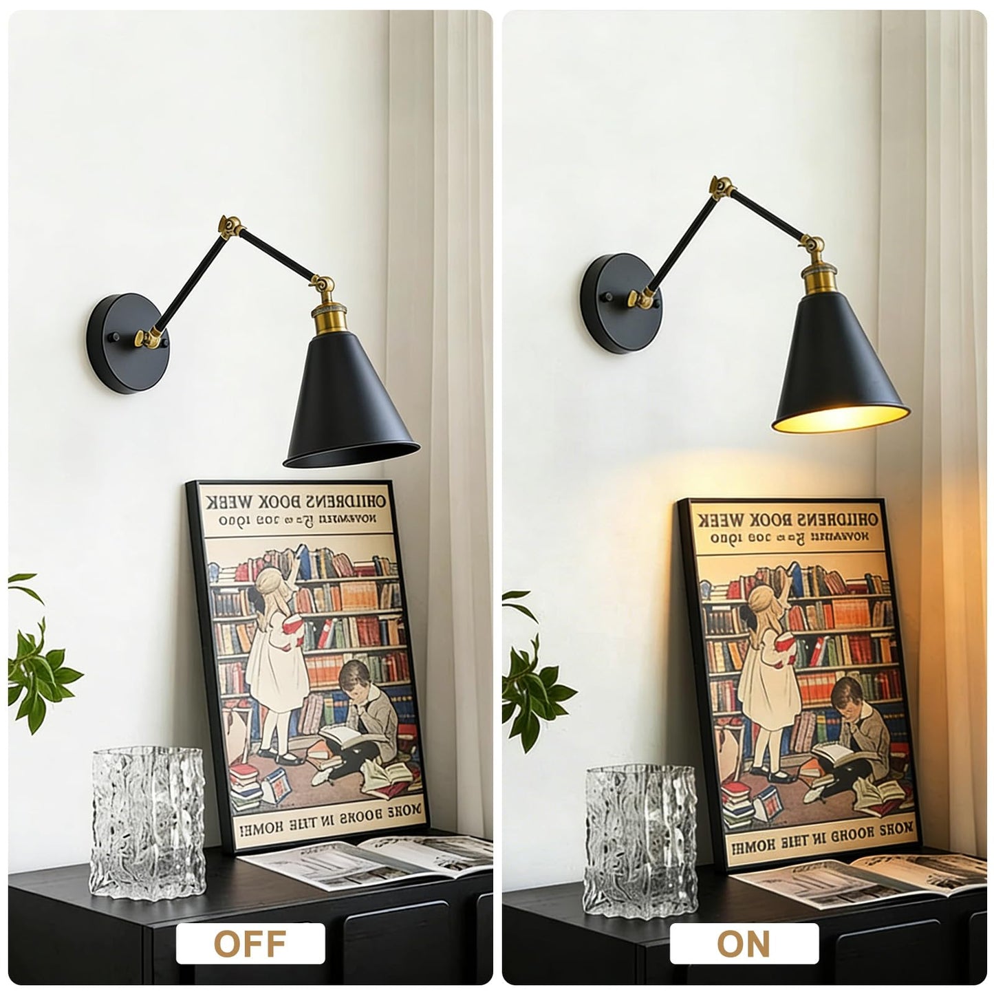 Lifora Hay Swing Arm Wall Sconce Black Gold, 7" Farmhouse Wall Light with Metal Cone Shade, Adjustable Dual-Joint Arm, Industrial Wall Lamp