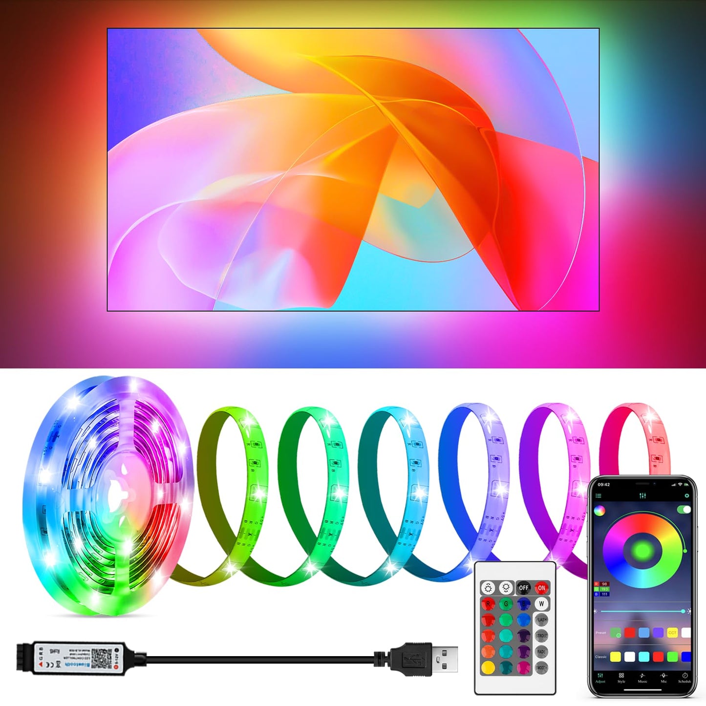 HOUHUI LED Strip Lights for TV, 9.8Ft RGB LED Lights for 32-50in TV Behind, App Control Music Sync Strip Lights IP65 Waterproof with Remote, USB LED