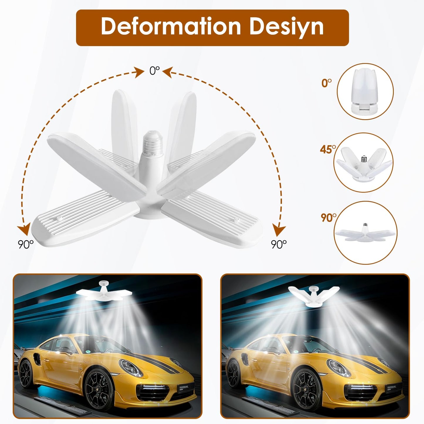 YWD LED Garage Lights 2Pack, 60W Deformable Led Ceiling Lighting 6000LM E26/E27 Daylight 6500K Super Bright Light Adjustable for Workbench, Barn