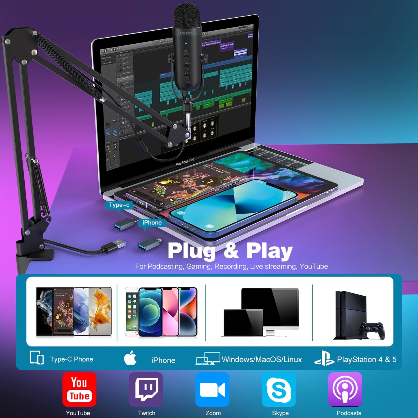 ZealSound Gaming Microphone for PC, USB Podcast Microphone with Noise Reduction, Mute & Gain Control, Zero-Latency Monitoring, Echo Control, Boom Arm