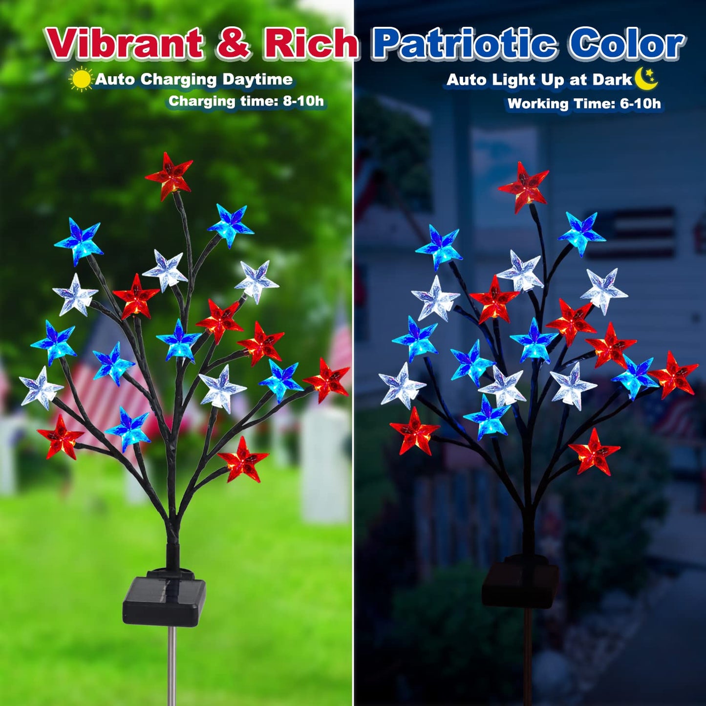 2 Packs Solar 4th of July Decorations Outdoor Lights, Solar Red White and Blue Star Pathway Lights, Waterproof Outdoor Patriotic Decorations Lights