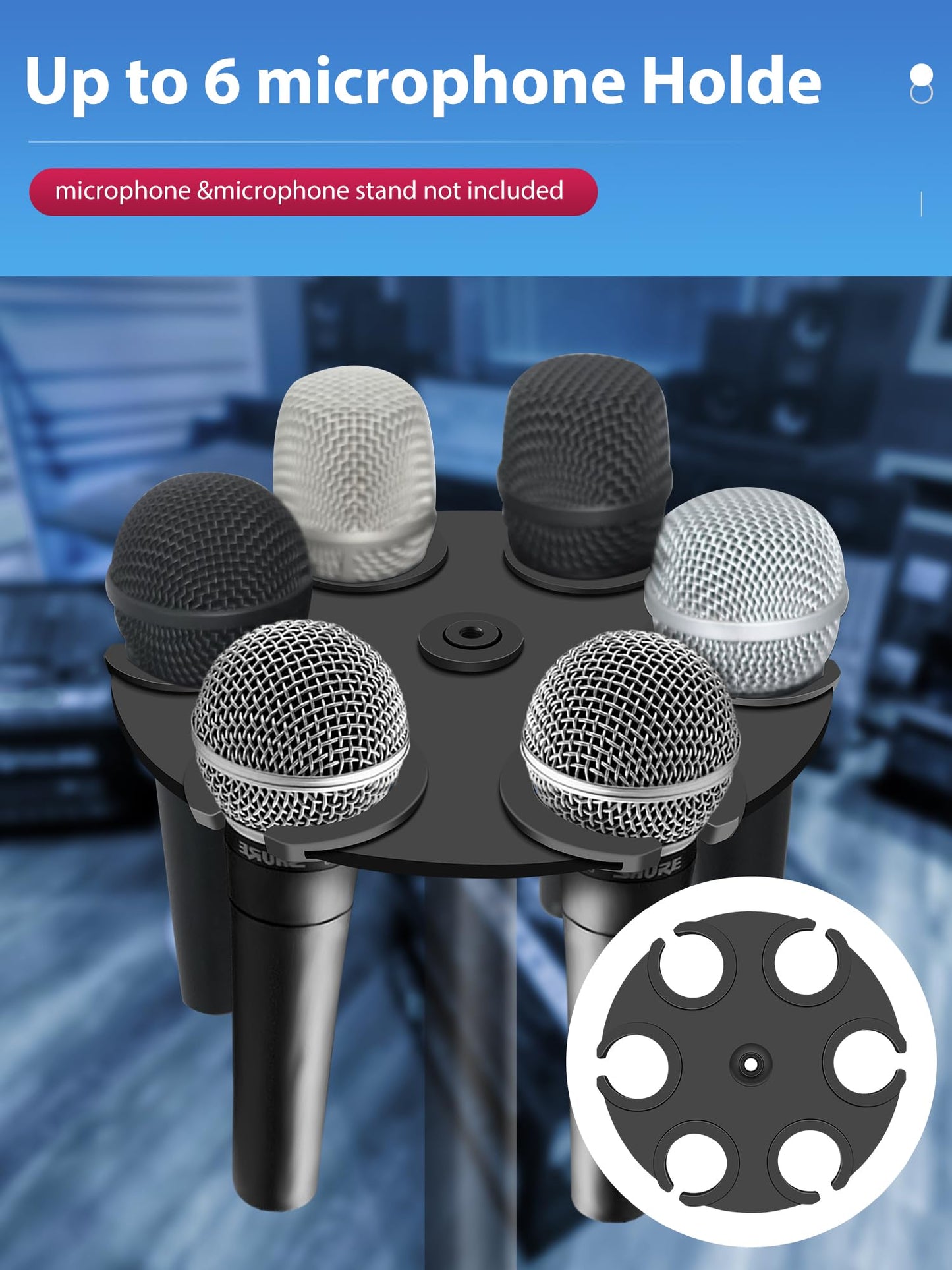 jidinung Multi-Mic Holder Up to 6 Mics (Aluminum/Rubber Padding) for Handheld Dynamic, Wired & Wireless Mics, Mic Stand Organizer, Mounts to 5/8"-27
