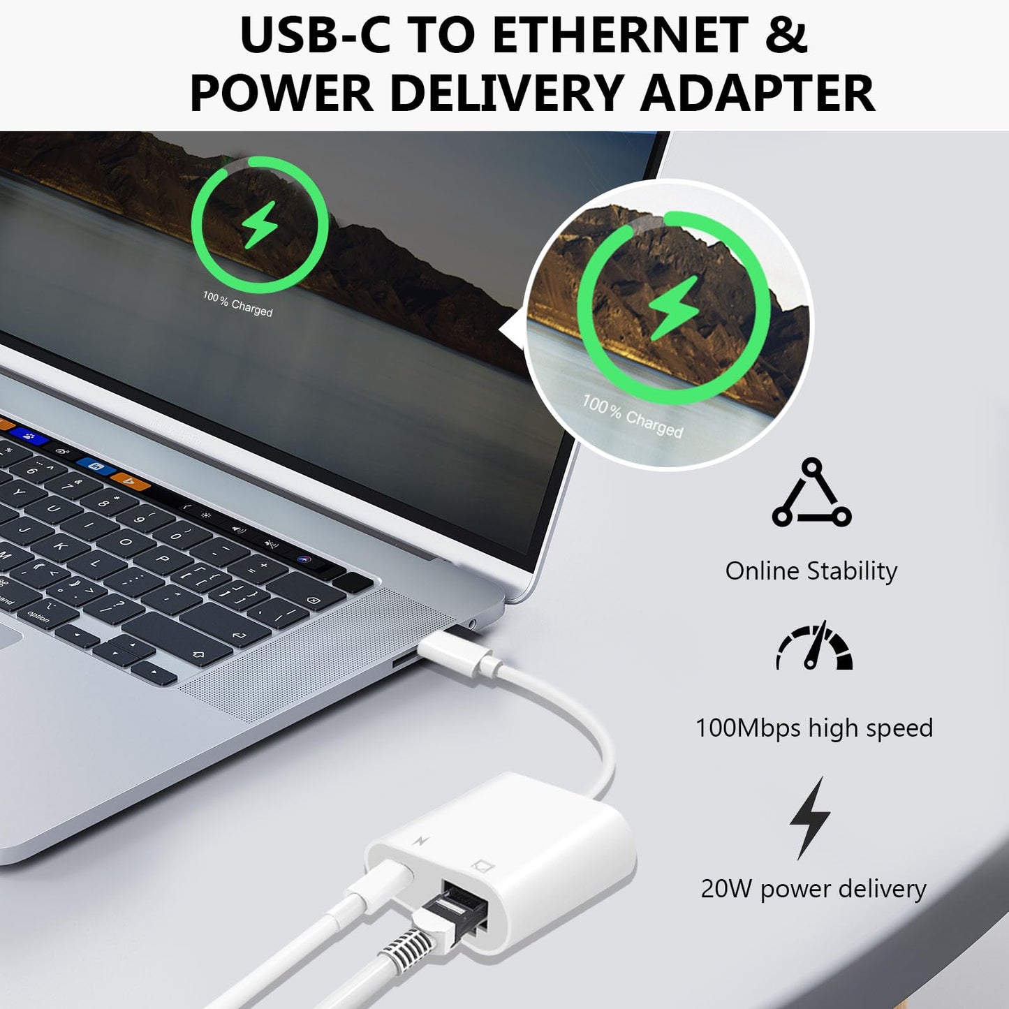 MTIQHS 2 in 1 USBC to RJ45 Ethernet Adapter with Charging Port