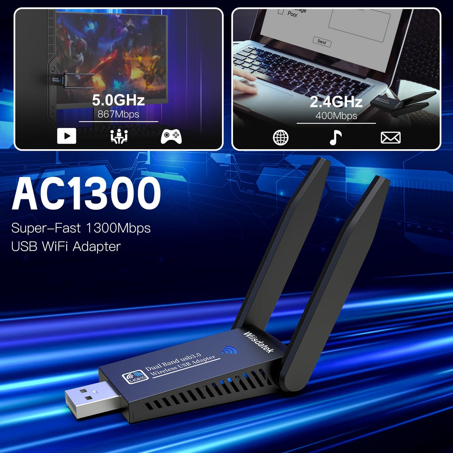 Wiisdatek USB WiFi-Adapter for Desktop PC, AC1300Mbps USB 3.0 WiFi Dual Band 5G/2.4G Wireless Network Adapter, Mini WiFi Dongle for Windows 11/10/8/7