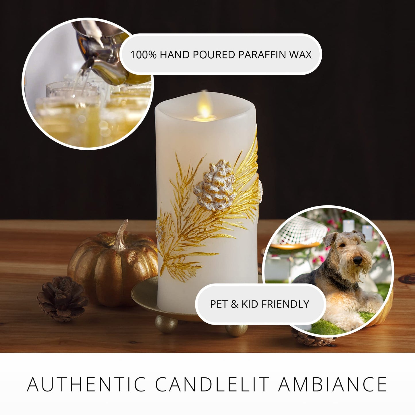 Luminara Embossed White Pinecone Flameless LED Candle Pillar (3" x 6.5") - with Recessed Edge Unscented Real Wax LED Battery Operated Candle Lights