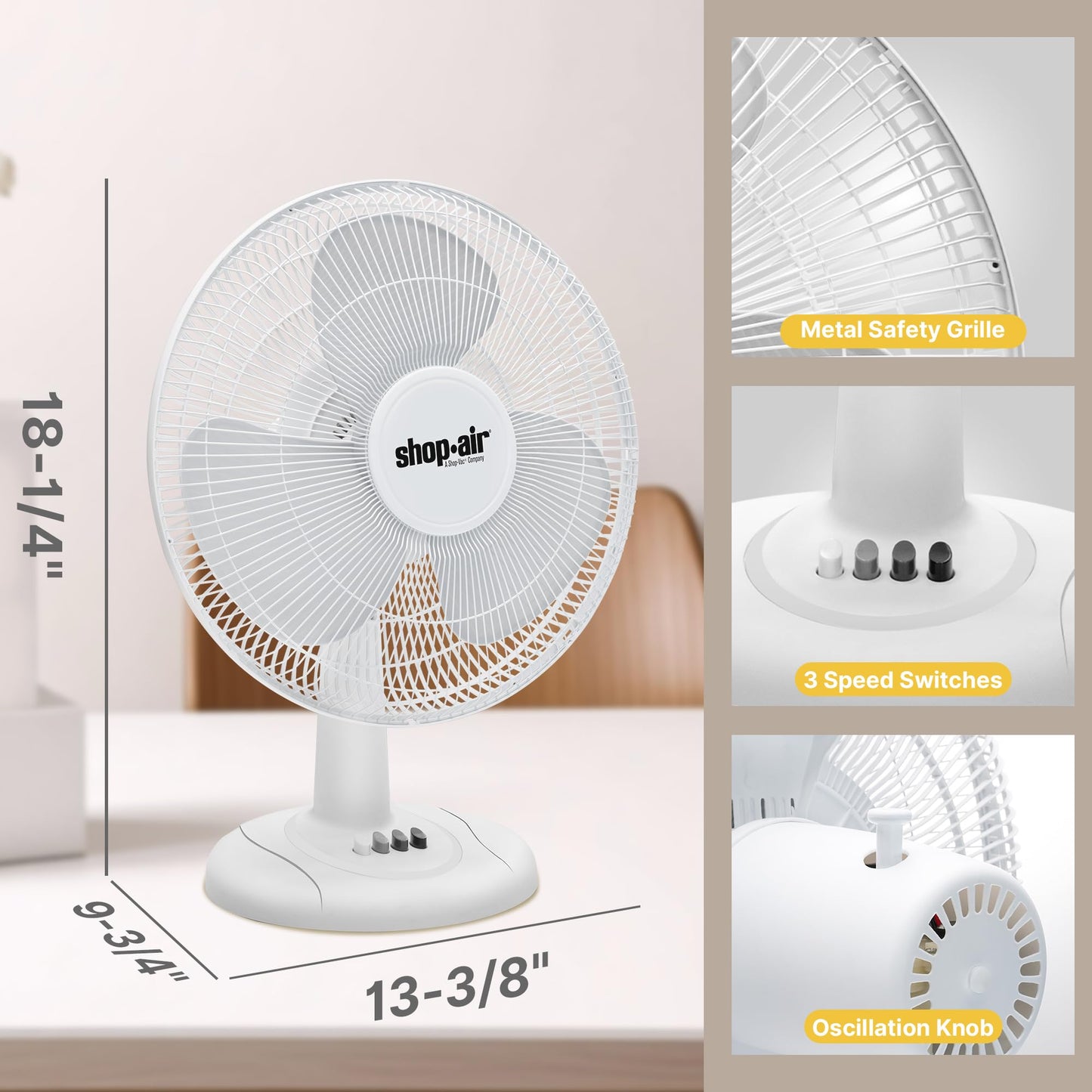 Shop-Air 12" Oscillating Table Fan, 3 Speeds, High-Velocity, Quiet & Powerful Air Circulation, 70° Adjustable Head Tilt,Ideal for Home, Bedroom or