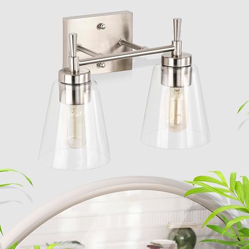 Edvivi 2-Light Bathroom Light Fixtures, Brushed Nickel Vanity Light Over Mirror, Indoor Wall Sconce with Clear Cone Glass Shade, Wall Lamp