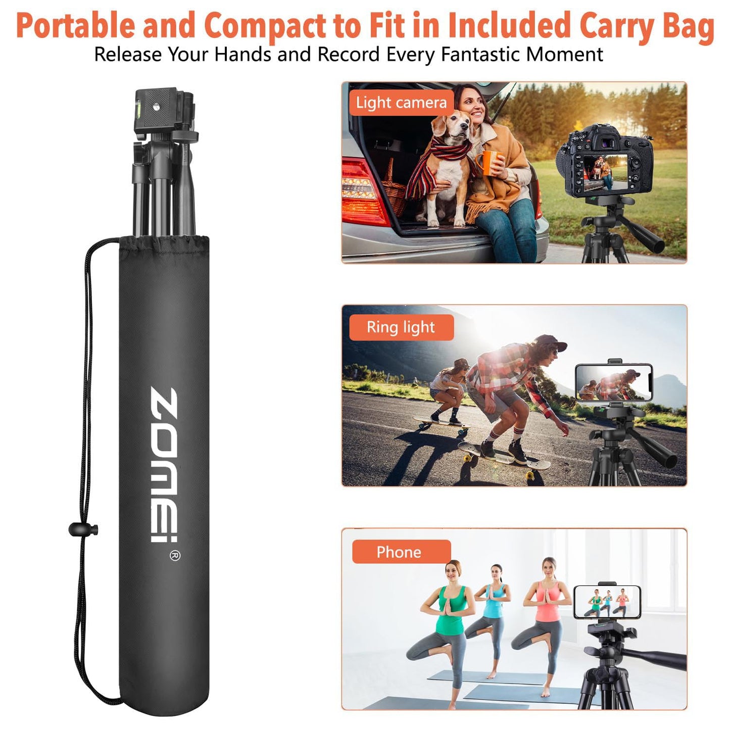 55" Phone Tripod, Camera Tripod for iPhone with Remote Shutter Gopro Holder and Universal Clip, Compatible with iPhone/Android/Sport Camera Perfect