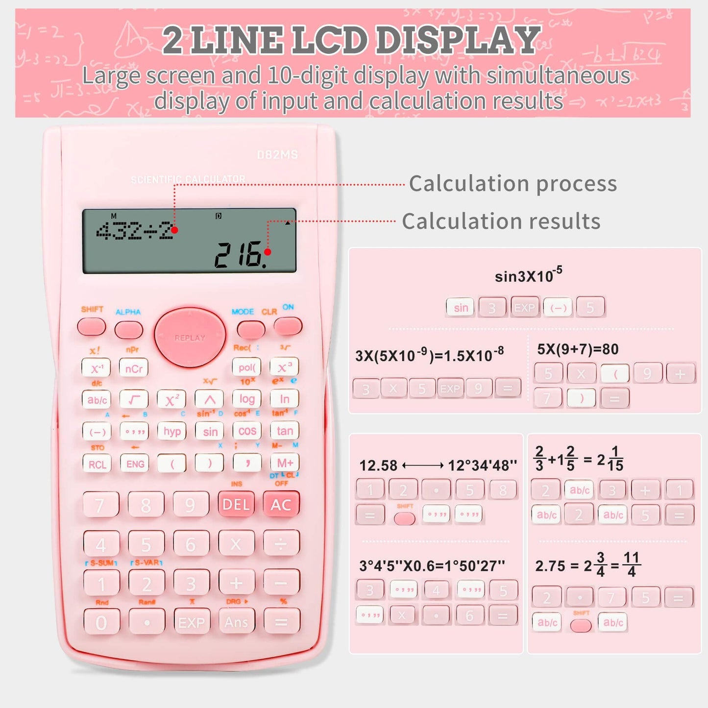 Scientific Calculator, 2 Line Cute Scientific Math Calculator Function Calculator for Students Algebra Geometry Basic Caculator for Middle and High