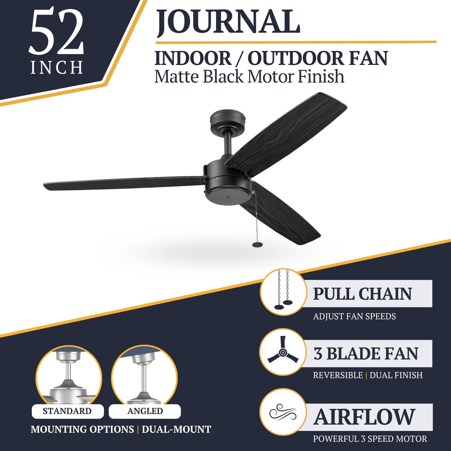Prominence Home Journal Modern 52 Inch Ceiling Fan Without Light, Indoor/Outdoor Fan with 3 Blades, Pull Chain Dual-Mount Design with Ebony and Gray
