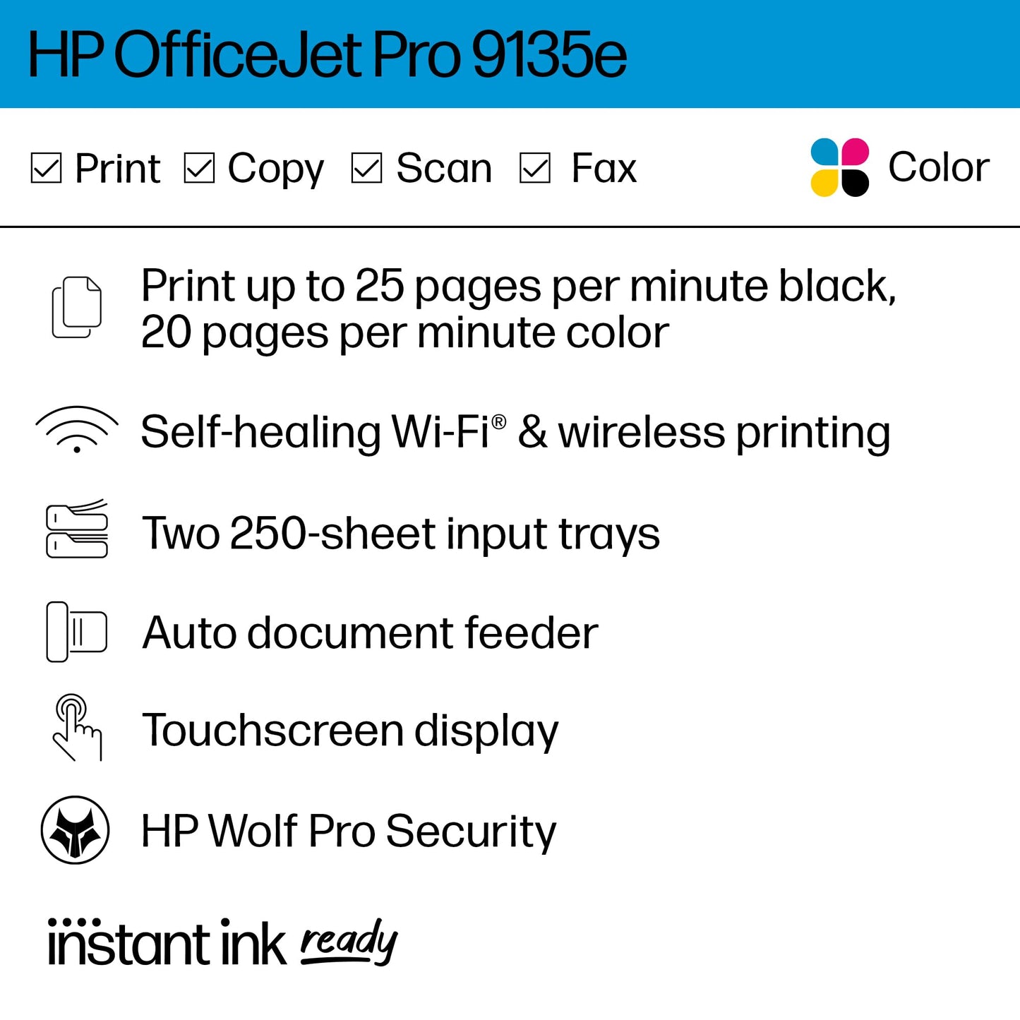 HP OfficeJet Pro 9135e All-in-One Printer, Color, Printer-for-Small Medium Business, Print, Copy, scan, fax, Wireless 3 months of Instant Ink