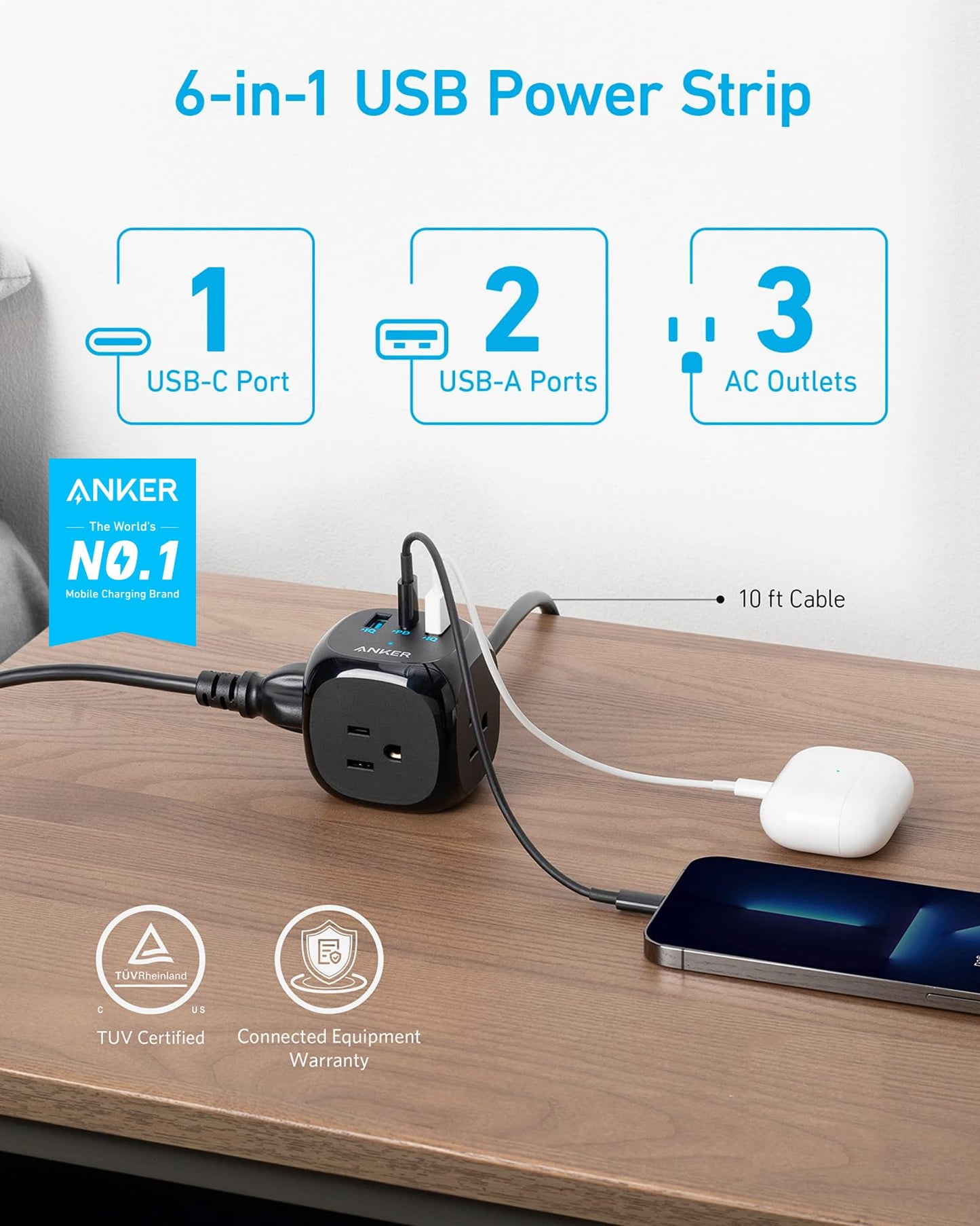 Anker 20W USB C Power Strip, 321 Power Strip with 3 Outlets and USB C Charging for iPhone 15/15 Plus/15 Pro/15 Pro Max (Black, 10FT)