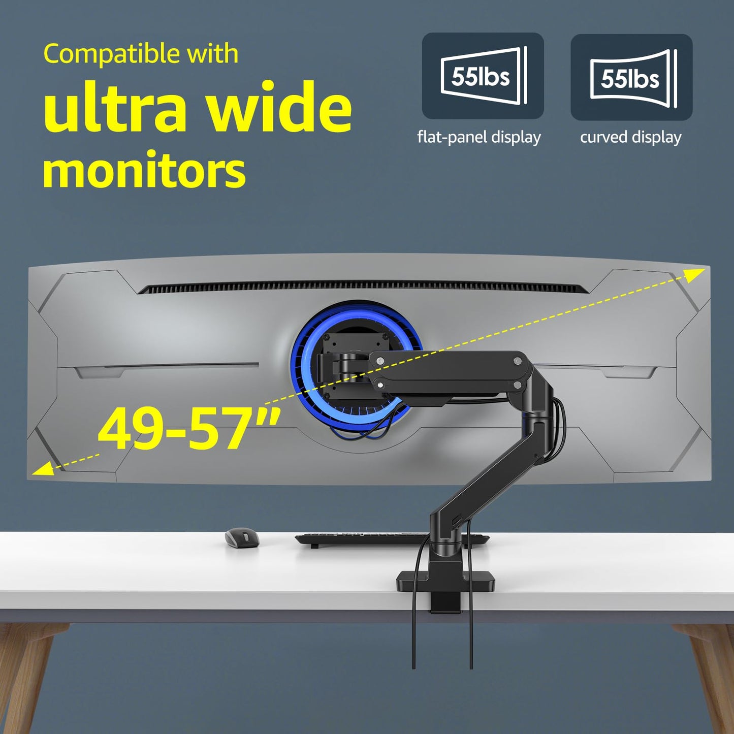 Heavy Duty Monitor Arm Aluminum Single Gas Spring Monitor Arm Suit for Flat/Ultrawide/Cruved Screen 34-49 inch and New 57 inches Screen Weight