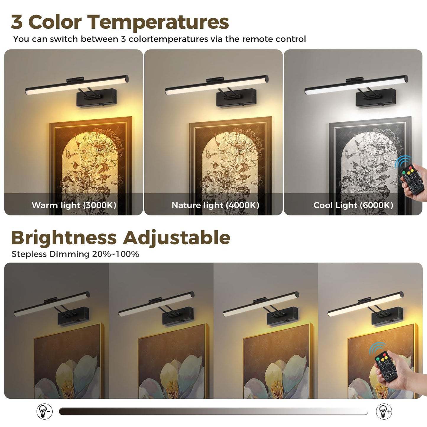 JUSHENG Black Picture Lights for Wall Battery Operated Gallery Lights 3CCT Dimmable Art Lamp Wireless Painting Lights for Display, Portraits 15.35''