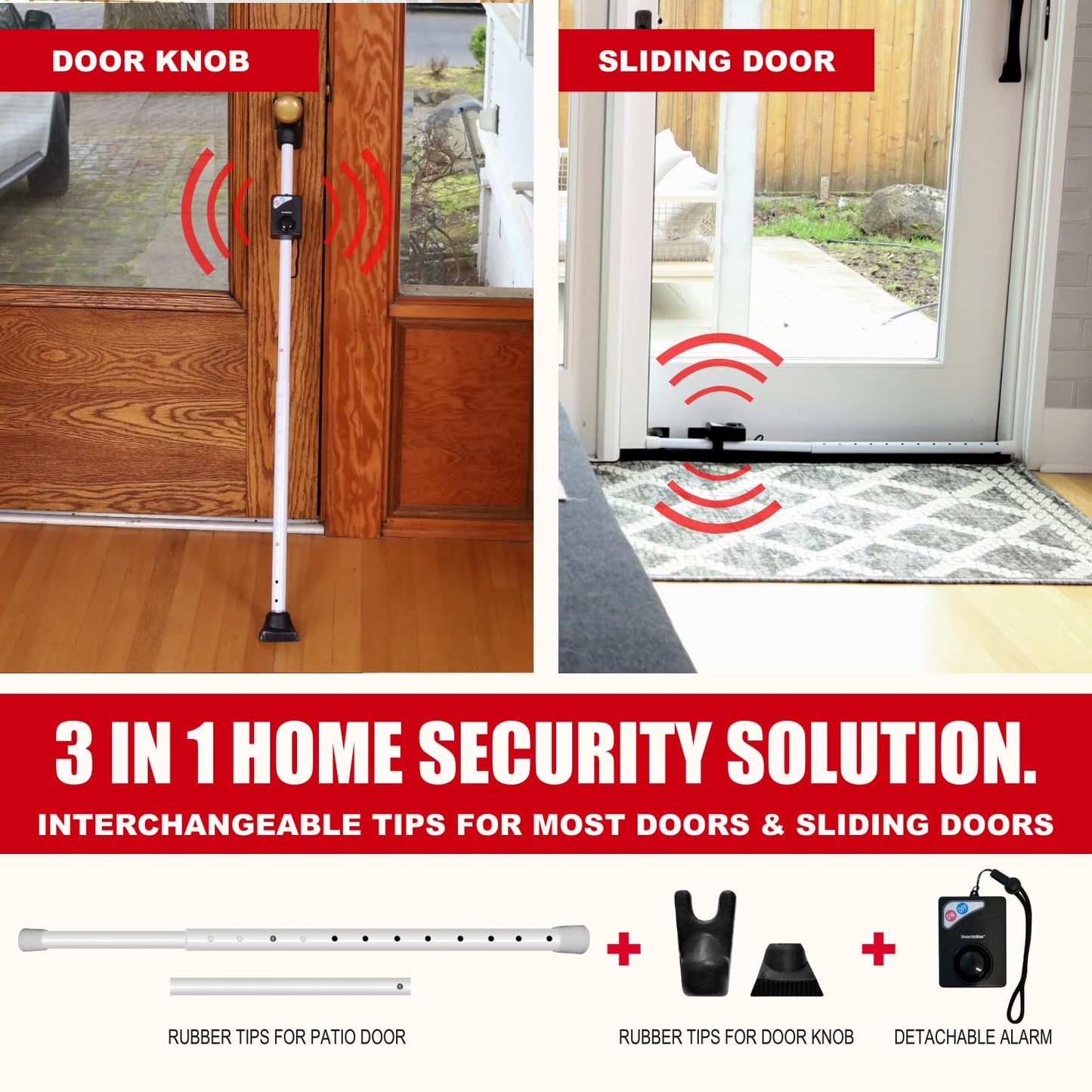 Securityman Door Security Bar with Alarm (Detachable) - 120dB Siren Door Stopper Alarm - Adjustable Jammer & Patio Bar - Strong, Withstands 400lbs