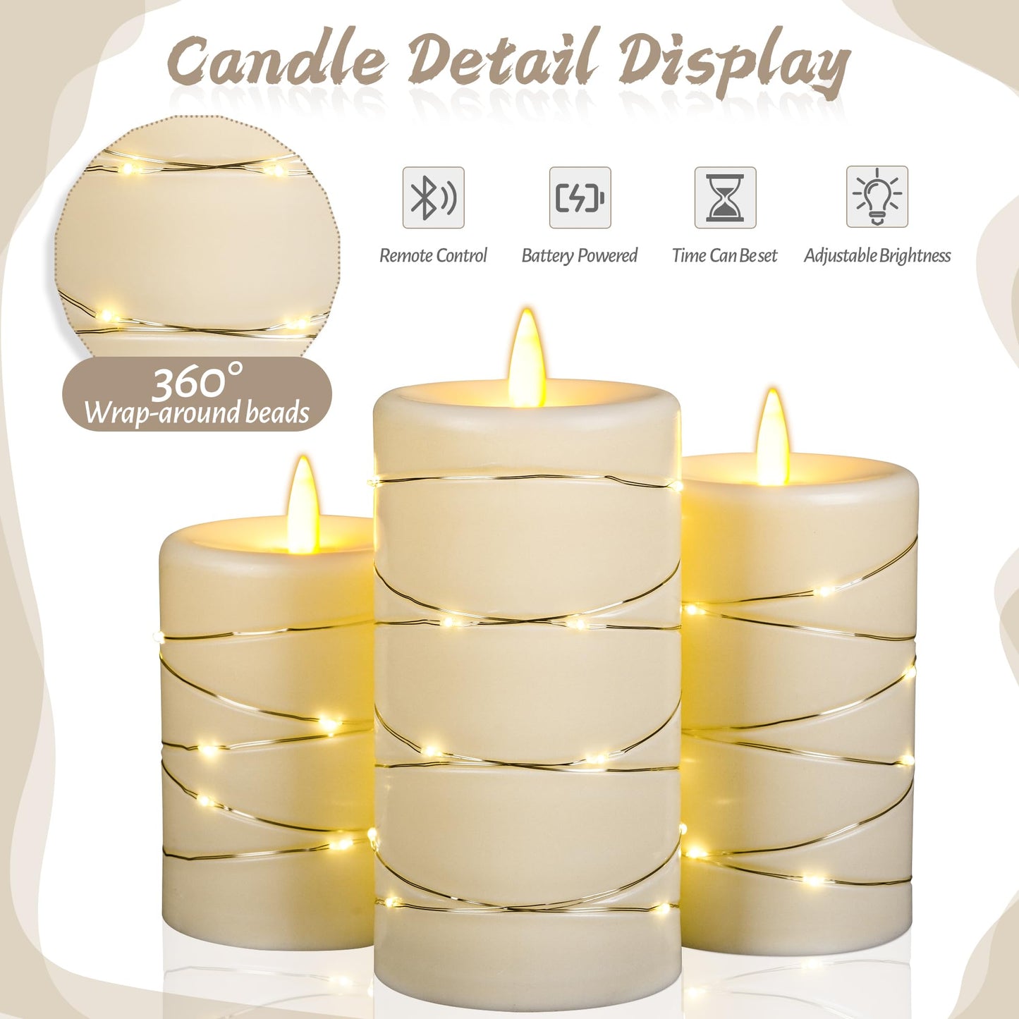 Upinmz Flickering Flameless Candles with String Lights, Battery Operated Candle, LED Candles Unbreakable Acrylic Candles with Remote Control and Timer