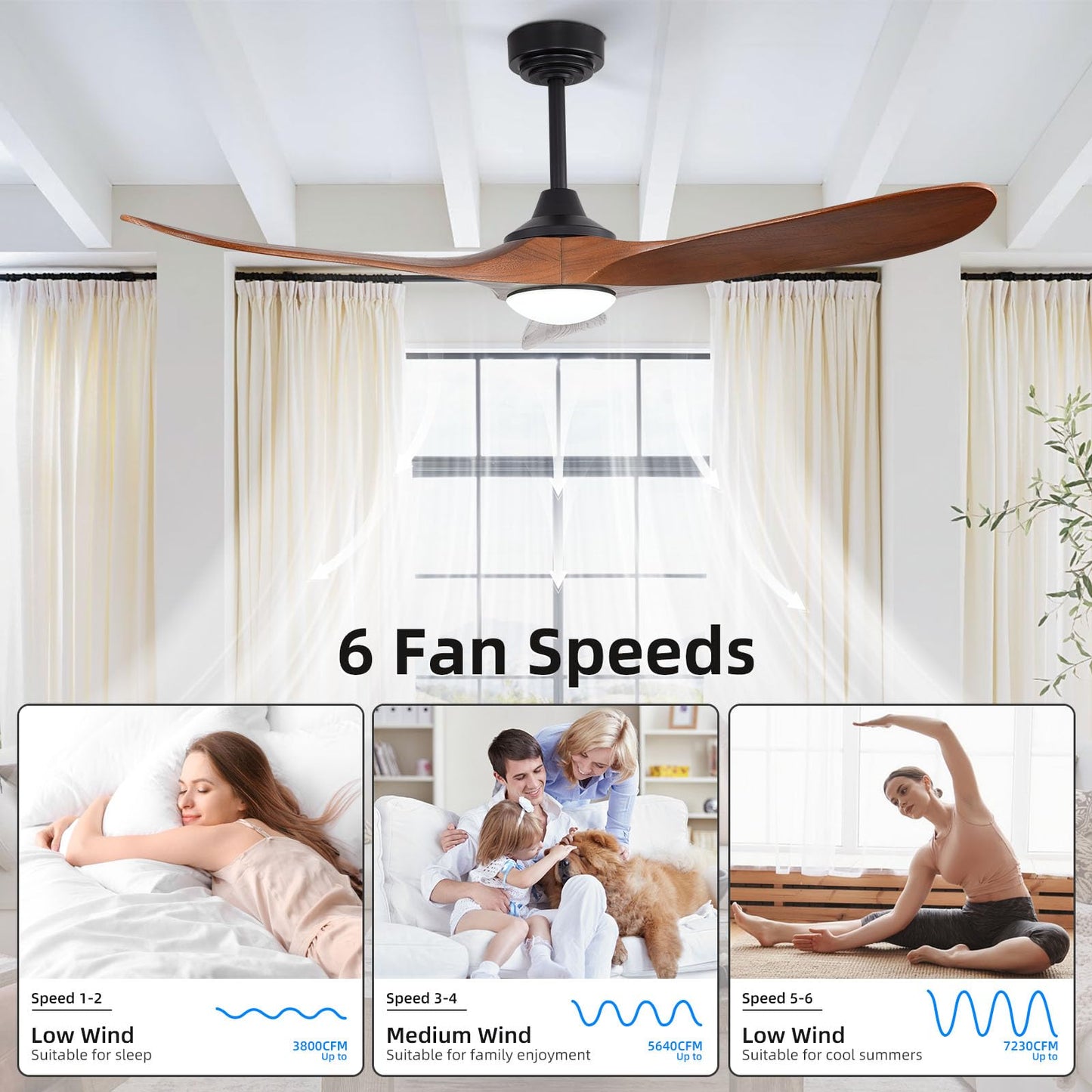 Homlit 52” Outdoor Ceiling Fan with Light and Remote via WiFi Alexa, 3 Walnut Solid Wood Blade, Noiseless Reversible Dc Motor, Smart Outdoor Wood
