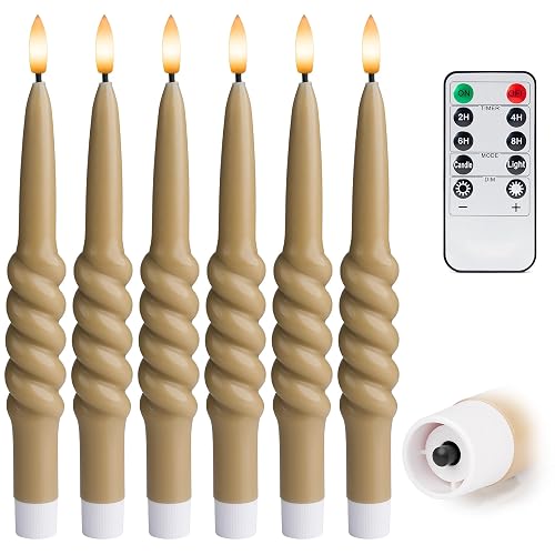 WYZworks 10" Smooth Taper with Twist LED Taper Candles - Light Tan, Set of 6 - Remote, 2/4/6/8-Hr Timer (24-hr Memory), Bottom On/Off Button