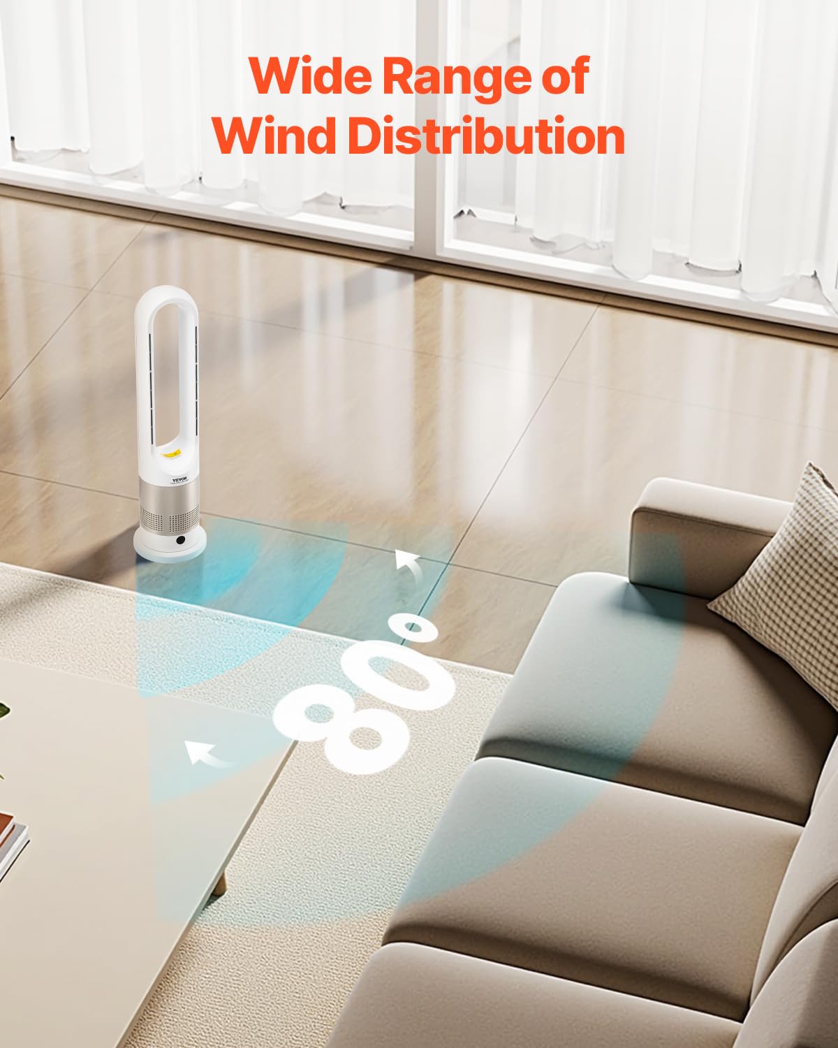 VEVOR Tower Fan Bladeless, 16 ft/s Velocity Quiet Floor Fan with Cooling Effect & Heating Mode, 80° Remote Oscillating Fan, 8-Speed 9H Timer Standing
