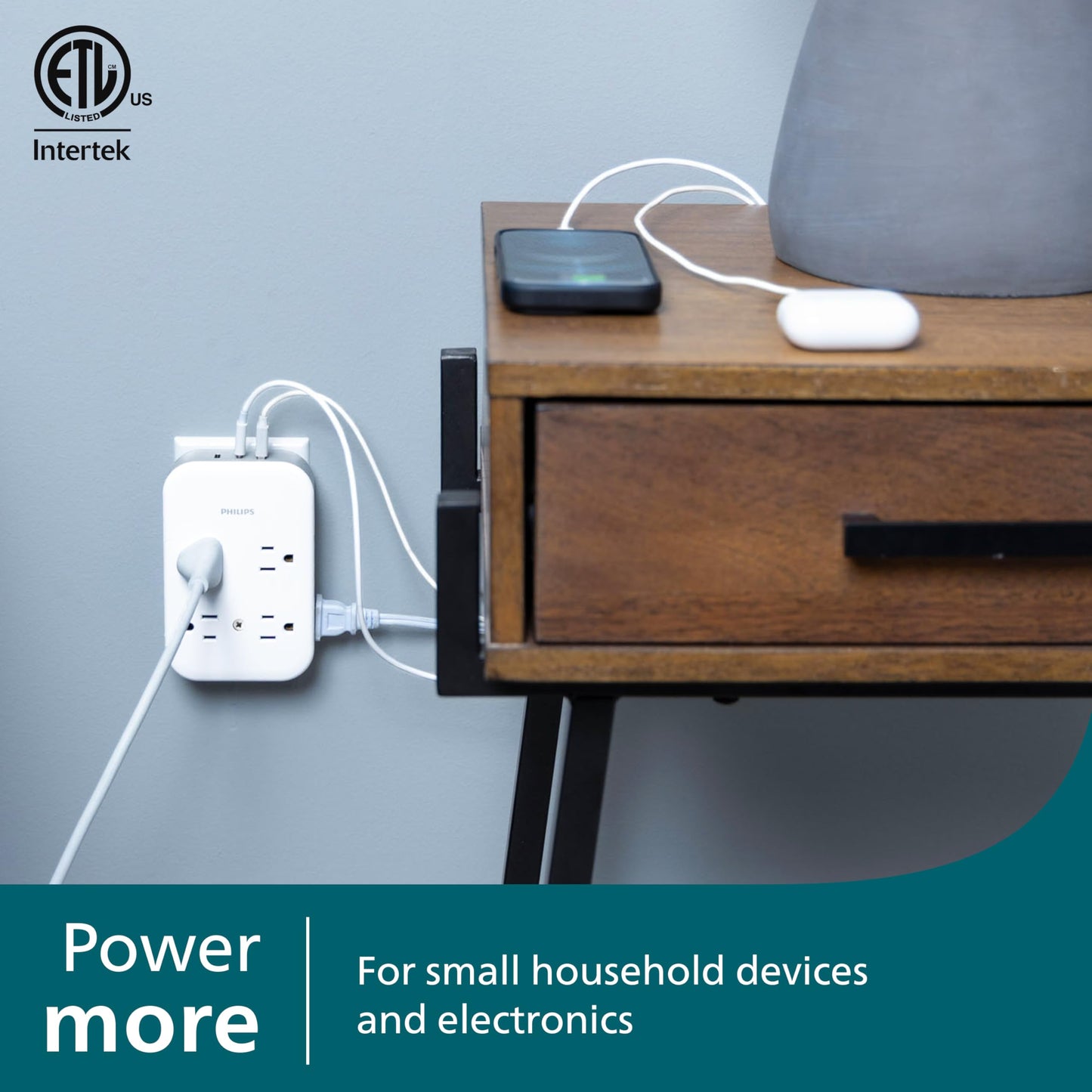 Philips All-in-One Surge Tap with USB, 4 Grounded & 4 Polarized Outlets, 2 USB-C & 1 USB-A Ports, 15W Shared, 1140 Joules, ETL Certified, White/Gray