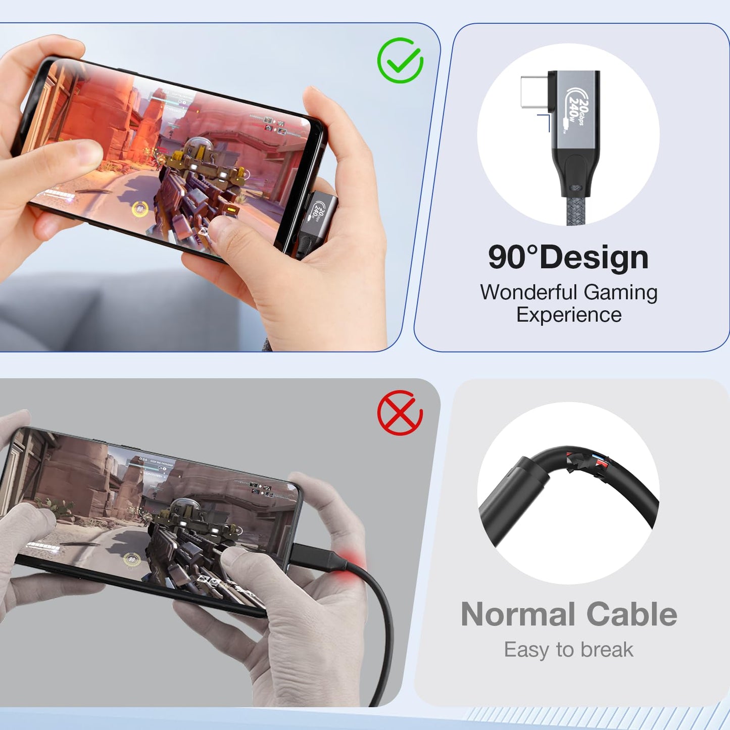 QCEs USB C Monitor Cable Right Angle 3.3FT Video Output to Portable Monitor 8K USB C 3.2 Gen 2x2 Video Cable 20Gbps Data Transfer, 240W PD Charging