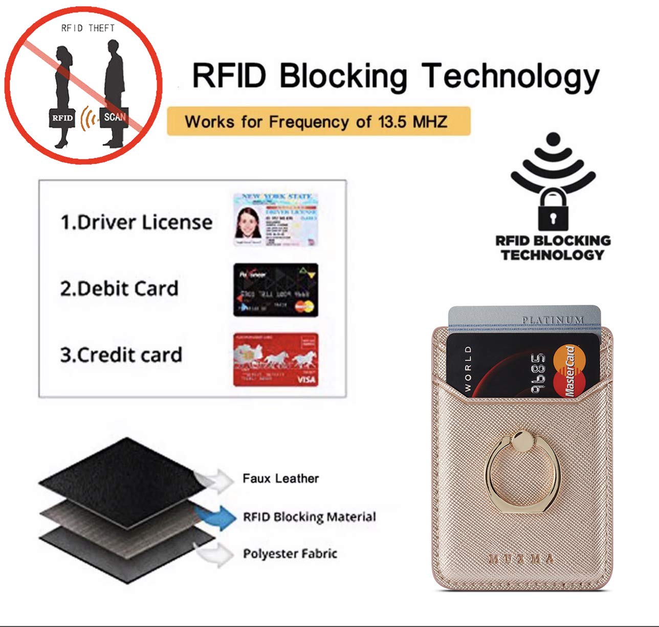 BIAJIYA Phone Card Holder RFID Leather Wallet Credit Adhesive Cell Case Stick-on Card Holder for Women and Men Back of Phone for Most of Smartphones