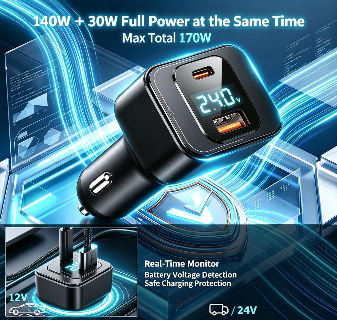 170W USB C Car Charger, PD3.1 140W + 30W Dual-Port Fast Charging Adapter with 240W USB-C Cable, Smart Digital Voltage/Power Display, 12V-24V