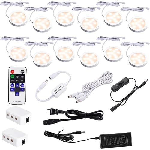 AIBOO Under Cabinet Lighting Kit, Plug in LED Puck Lights with Wireless Dimmable RF Remote Control,12v Stick on Lights for Kitchen Counter, Closet