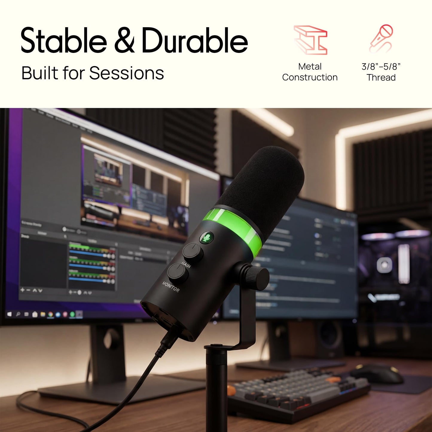 Pyle Dynamic Microphone, Dual Input USB/XLR Podcast Recording, PC Streaming Studio Mic with RGB Light, Mute Button, Desktop Stand, Headphone Jack, &