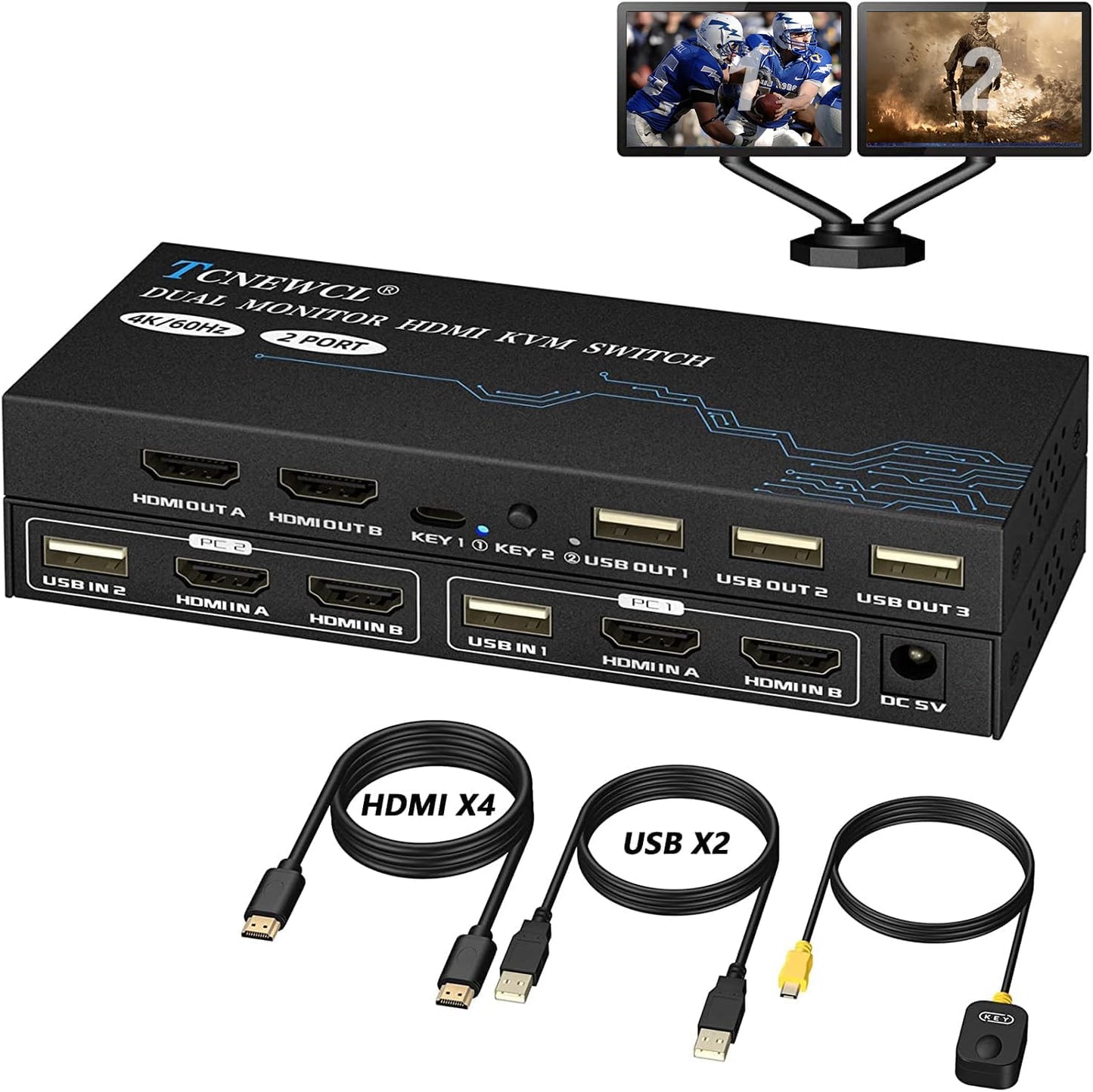 TCNEWCL KVM Switch 2 Monitors 2 Computers, 4K@60Hz Dual Monitor KVM Switch for 2 PC Share 2 Monitor 3 USB 2.0 Hub, Support Extended/Copy Mode with 4