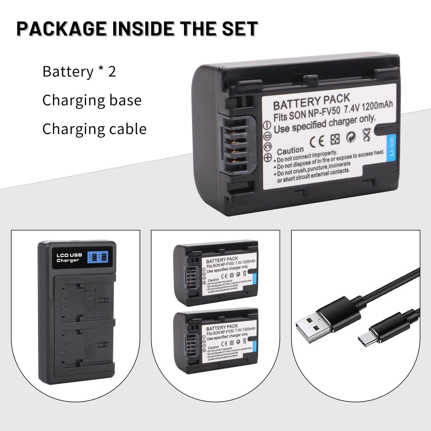 2-Pack NP-FV50 Battery with USB-C Smart LCD Dual Charger for Sony NP-FV30,NP-FV40 Batteries;Sony FDR-AX53 HDR-CX230 HDR-CX220 CX330 CX380 CX455 CX900