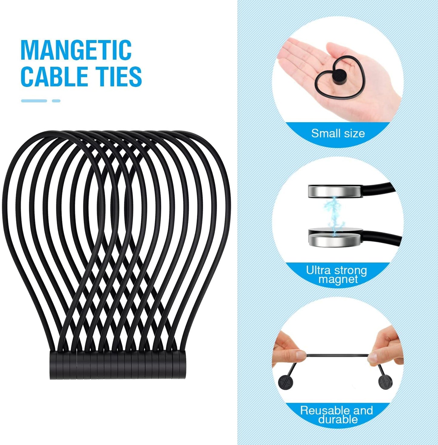 Magnetic Twist Ties, Reusable Silicone Cable Ties with Strong Magnet for Bundling and Organizing,Cord Wrap Clip Straps for Home or Office (Black-8