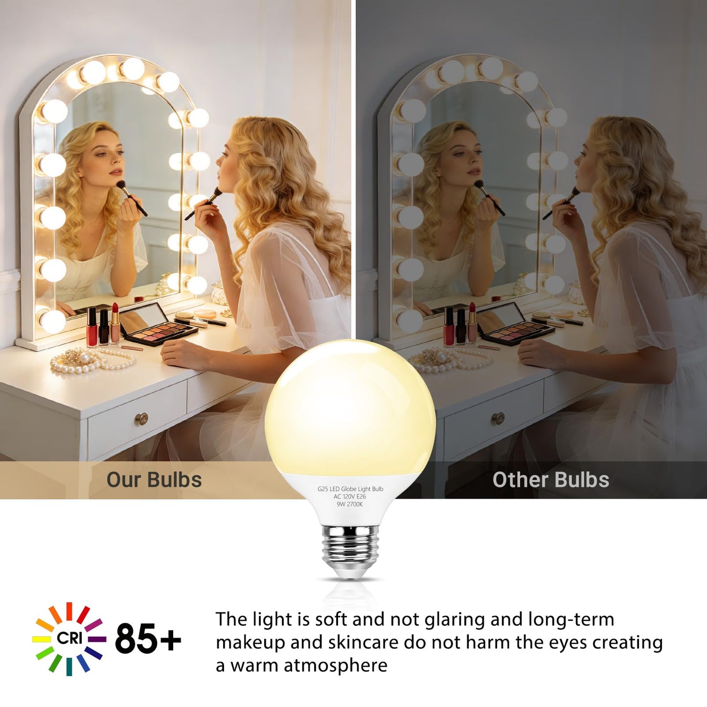 mfxmf G25 LED Globe Light Bulbs,Dimmable Bathroom Vanity Light Bulbs E26 Base,9W (90W Equivalent), Round Light Bulbs for Bedroom Makeup Mirror, 920LM