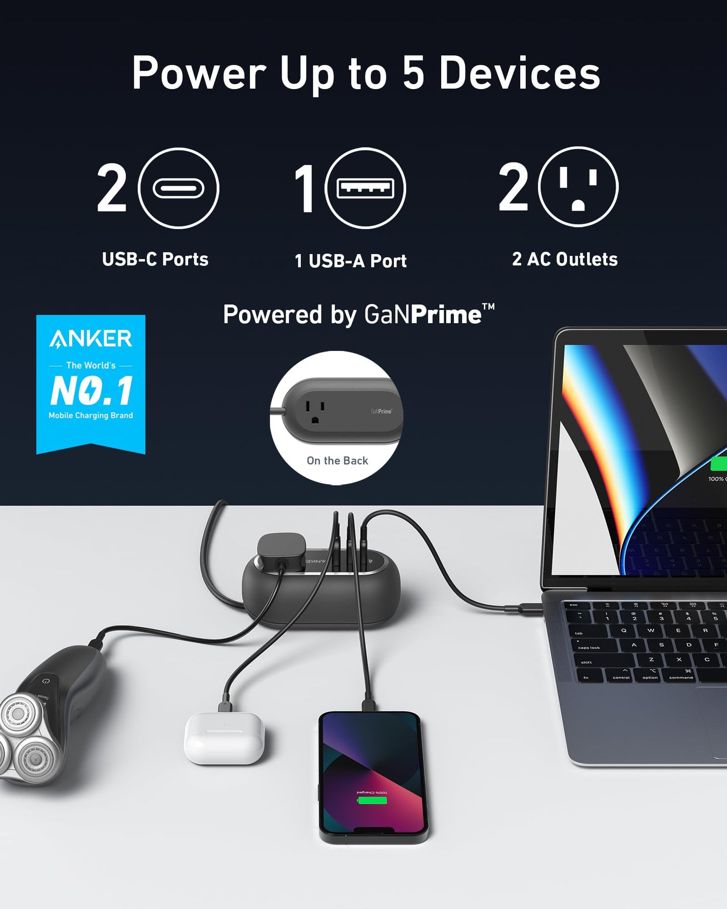 Anker GaNPrime 65W Charging Station, 3ft, 615 USB-C 5-in-1 Power Strip for Travel and Work with 2AC, 2 USB-C, 1 USB-A, Power Delivery for iPhone 16/16