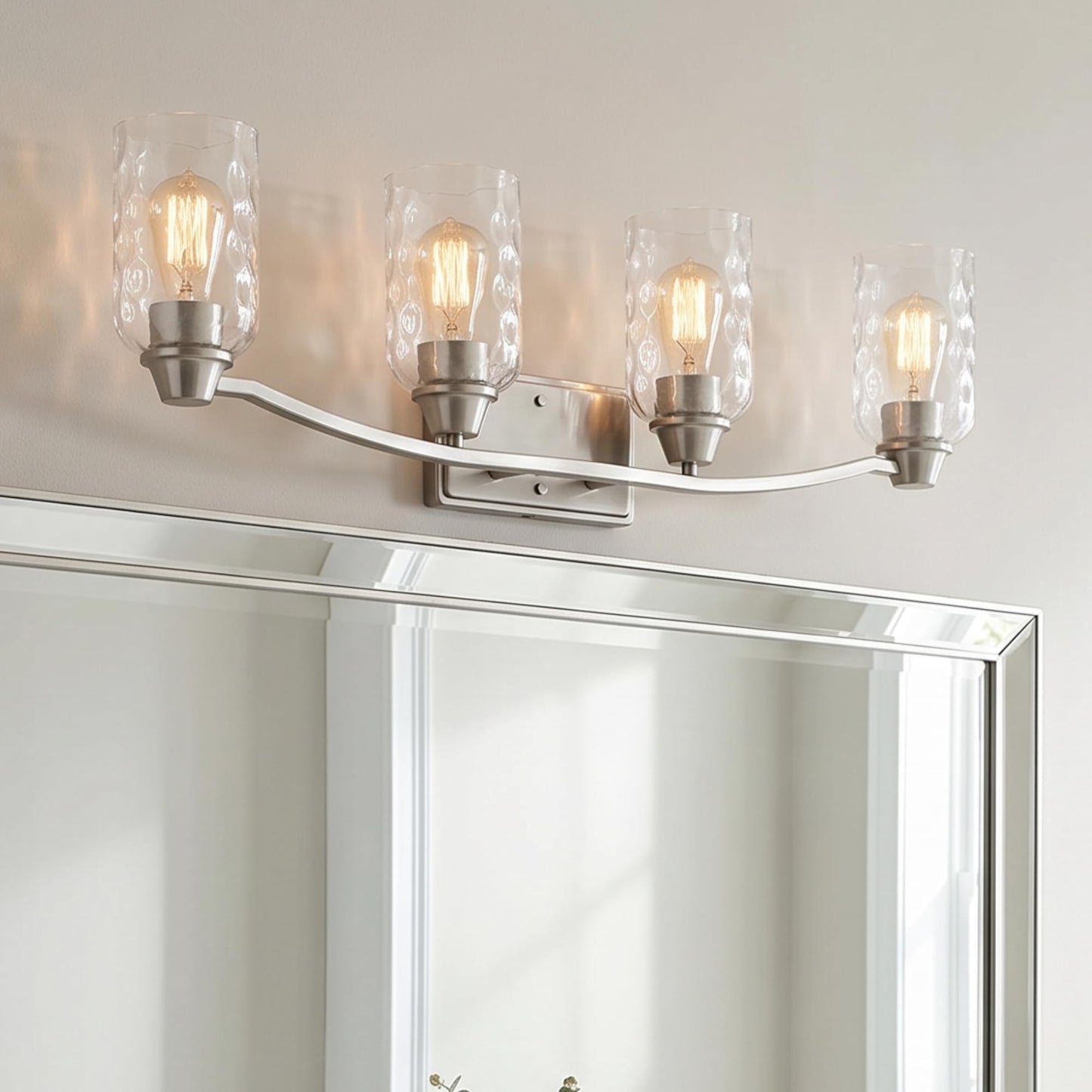 Quoizel Acacia 4-Light Brushed Nickel Vanity Light with Dappled Clear Water Glass, Transitional Style Wall Light for Bathroom or Powder Room