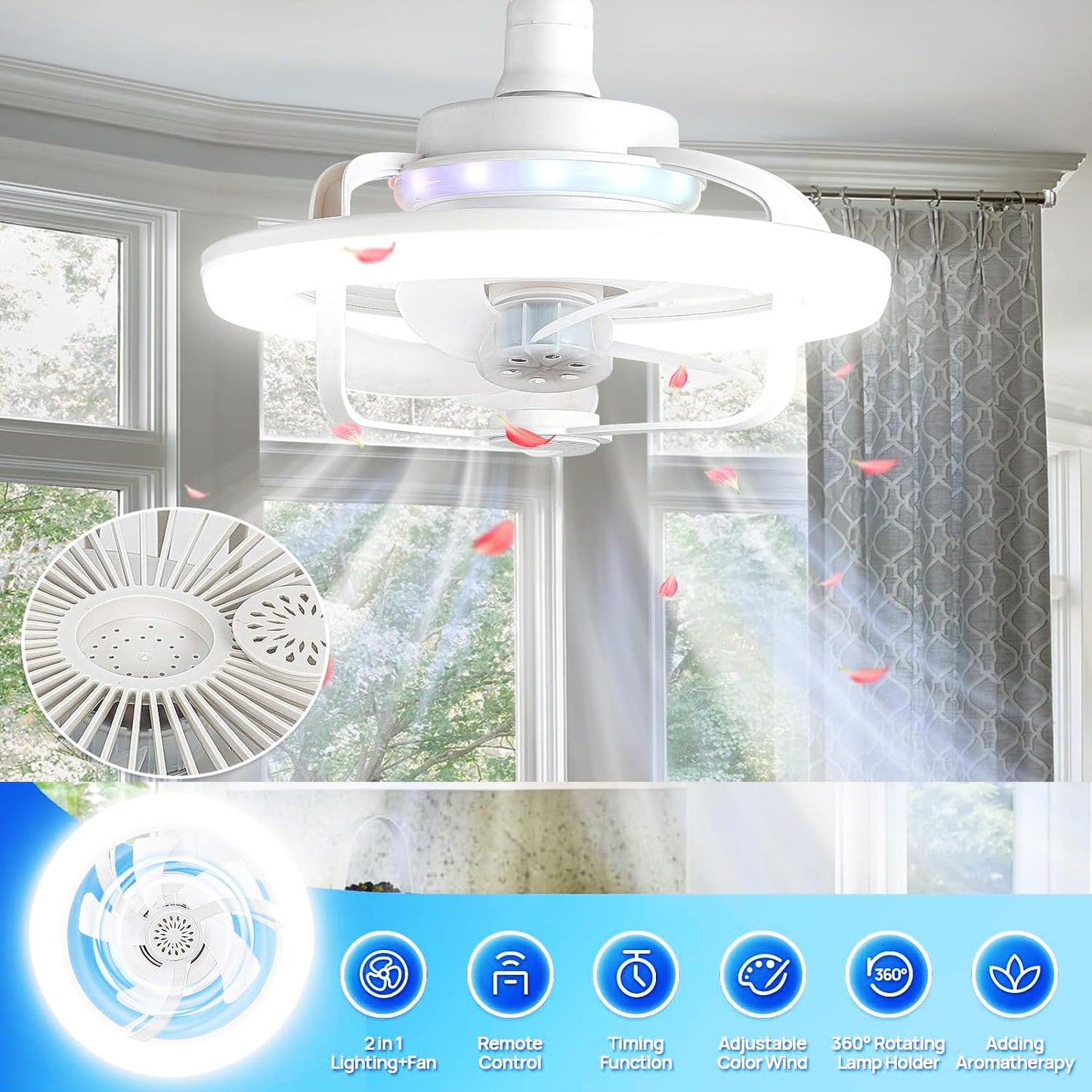 VANLUDA Socket Fan Light,11 Inches E26/E27 Ceiling Fan with Light Dimmable+RGB Atmosphere Lighting,360°Rotation Light Socket Fan 3 Speeds Fan Light