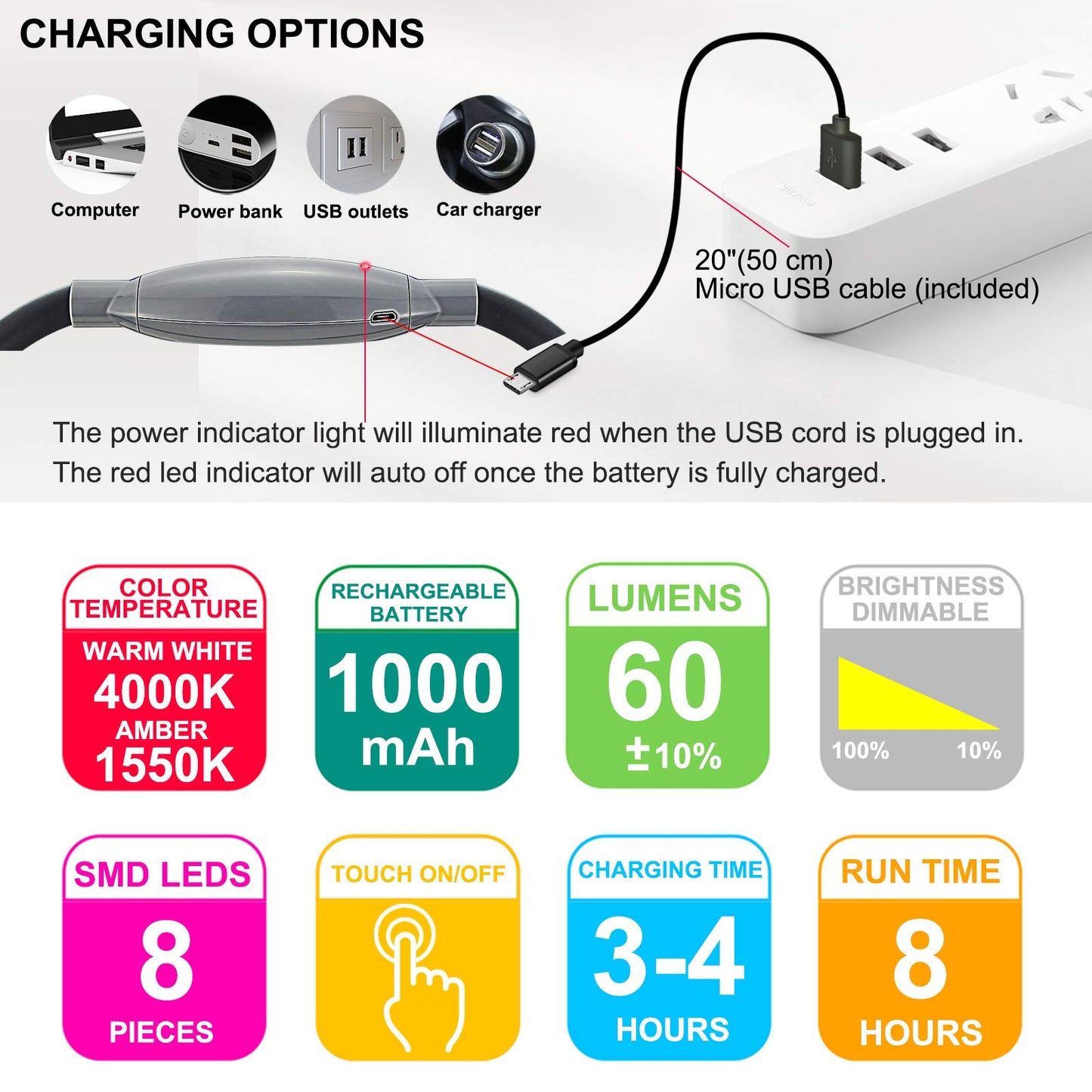HONGUT LED Neck Reading Light, Rechargeable 8 LED 2 Modes, Bendable Arms Swing Head, Brightness Adjustable Amber Light for Reading, Camping
