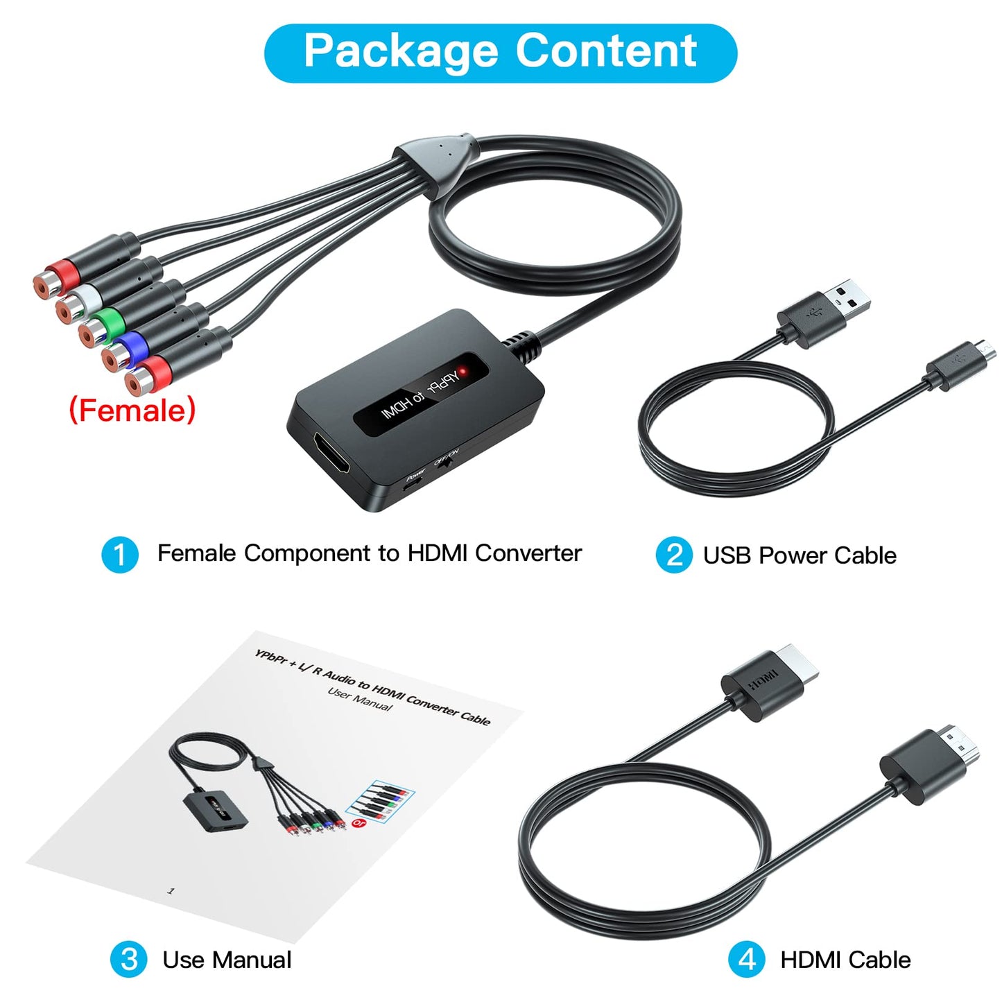 Female Component to HDMI Converter Cable with HDMI and Component Cables for PS2/ NGC/Wii/Xbox with Male Component, 1080P YPbPr to HDMI Converter